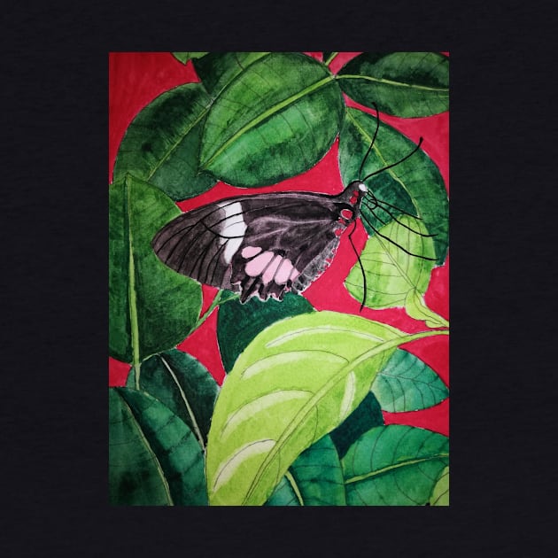 Black and pink butterfly watercolour painting with leaves against a bright red background by esvb